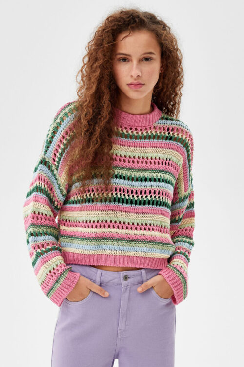 Multicolored Open-Knit Crewneck Sweater