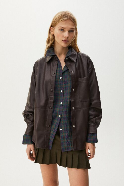 Faux Leather Overshirt With Pocket